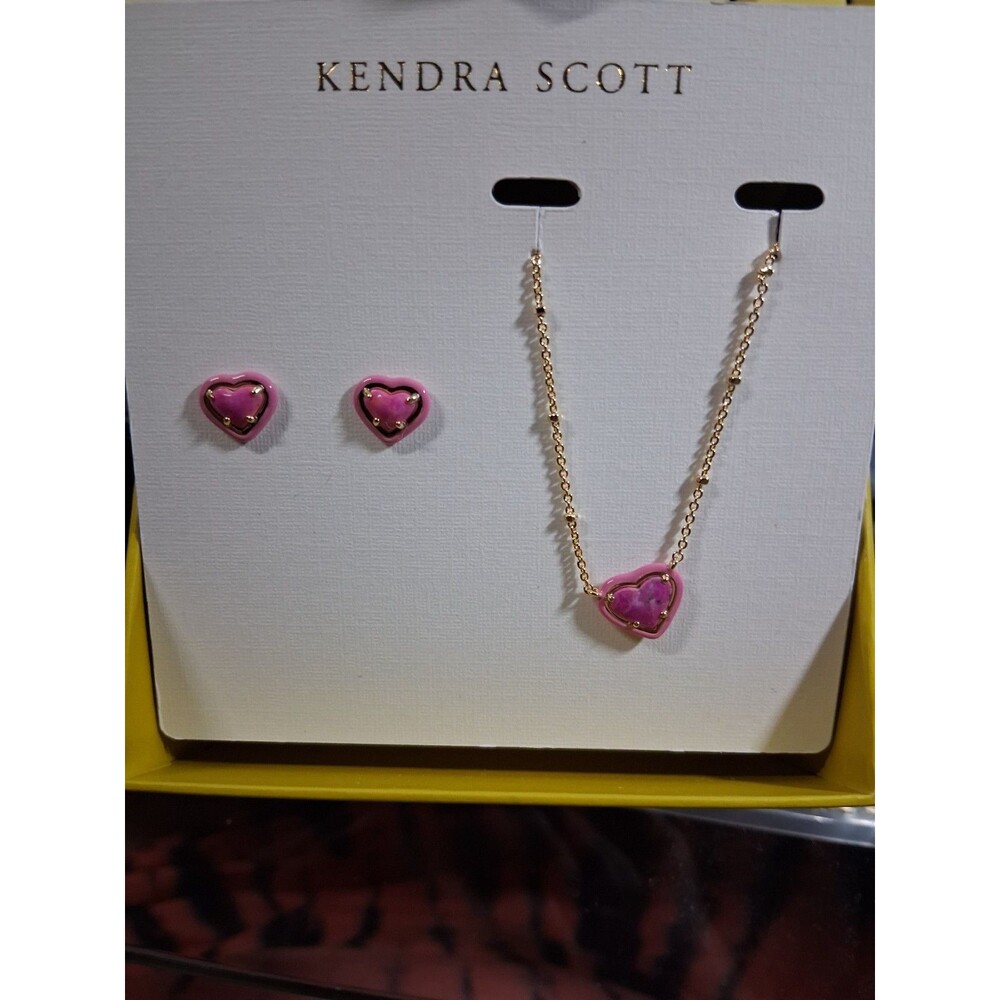 Kendra Scott Anna Enamel Gold Necklace Earrings Sachet Hearts Set Gift Box NOS